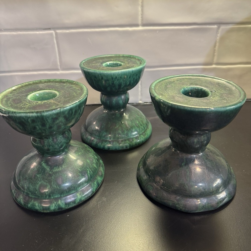 Vintage Gail Pittman Pottery Taper or Pillar Candle Holder Green  Signed Set 3‎
